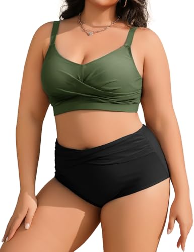 Tuopuda Bikini Mujer Talla Grande Push Up Cintura Alta Traje de Baño Dos Piezas Conjunto de Bikini Biquini con Relleno Top con Brasileño Braga Alta Natacion Playa M-4XL, Verde+Negro, XL