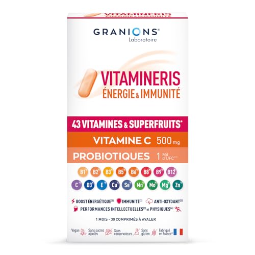 GRANIONS – Vitamineris Energie & Immunité – Énergie & Défenses Immunitaires – Vitamine C 500 mg + Vitamine D + Zinc + Vitamine B12 – Adultes – 30 Comprimés