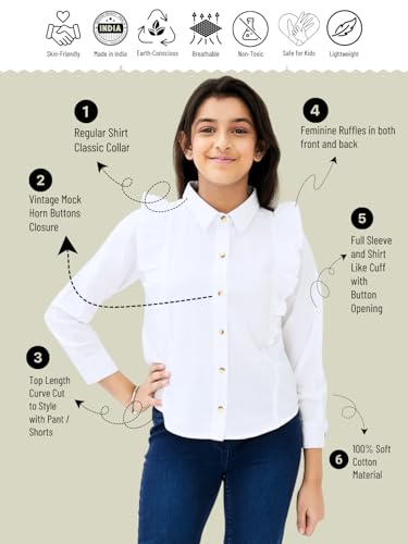 Image of olele Girls Full Sleeve Ruffles Cotton Linen Shirt - White for 4 to 14 Years | Kids Girl White Shirt | White Ruffle Shirt for Girls | Shirt Jeans