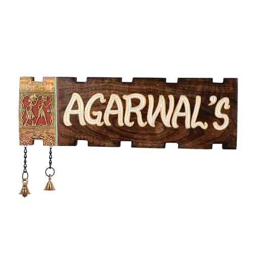 Image of Aakriti Art Creations Dhokra Doorway Handcrafted Dhokra Brass Art Solid Wood Nameplate for Home Entrance | Customised Name Plate for Home Entrance Outdoor | Wooden Name Plate for Home Entrance |