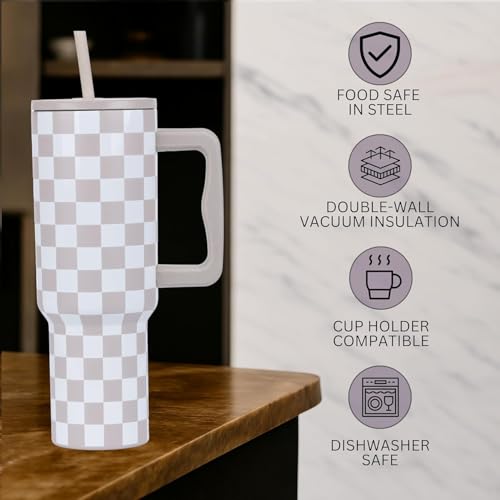 Image of Tumbler with lid and Straw 1200ML Cup Stainless Steel Vacuum Insulated Cup for Water, Iced Tea or Coffee 1.2L Office Gym Travelling; Tumbler with Straw. (40-Oz-Skin Checks)