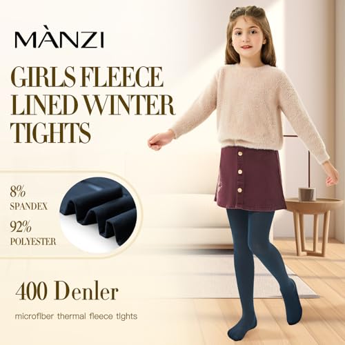 MANZI Girls Opaque Tights 400 Denier Fleece Lined Tights(Pack of 2)3