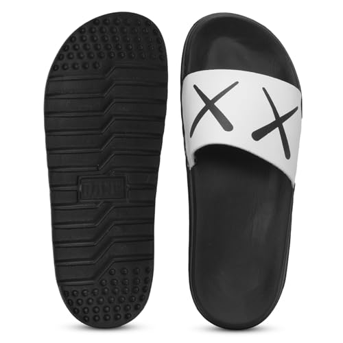 Image of PERY-PAO Sliders Mens White, Sky Blue Stylish Printed Flip Flop & Slippers