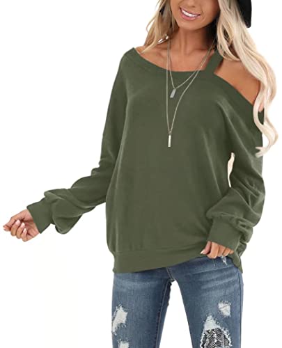 Image of Ezbelle Womens Sweaters Oversized Long Sleeve Cold Shoulder Tops Shirt Tunic Sweatshirt