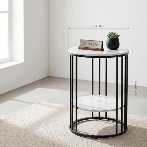 Image of CARTADEN Side Table, Small Round End Table with Lower Shelf, Nightstand for Small Spaces, Bedside Coffee Table for Living Room, Bedroom Black White