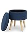 Pouffe Ottoman Coffres De Rangement Repose-Pieds Pouf Tabouret Rembourré en Lin avec Pieds en Bois Massif Couvercle Amovible Tabouret Rond Bleu Marine