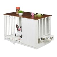Relaxdays Hundekäfig, für Zuhause, HBT: 65,5x102x60 cm, Hundemöbel, 2 drehbare Näpfe, Hundebox, MDF & Stahl, weiß/braun