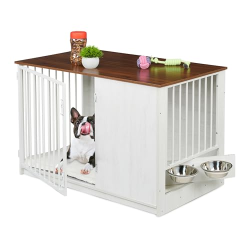 Relaxdays Hundekäfig, für Zuhause, HBT: 65,5x102x60 cm, Hundemöbel, 2 drehbare Näpfe, Hundebox, MDF & Stahl, weiß/braun