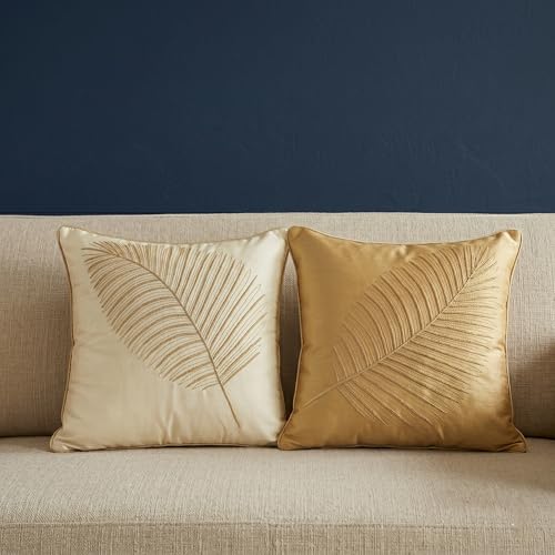 Image of Fab Nation Polyester Fabric White & Golden Combo | Decorative Cushion Covers with Golden Zari Leaf Embroidered Set of 2 for Home Decor | Throw /Pillow Cover 16x16 inches for Bedroom Sofa