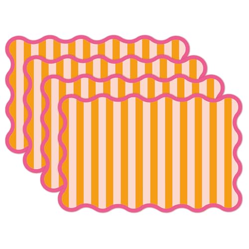 JarThenaAMCS 60 Pcs Stripe Scalloped Paper Placemats Table Mats 11 x 17 Inch Orange Pink Striped Disposable Decorative Rectangle Place Mats for Wedding Birthday Baby Shower Party Dining Table Decor