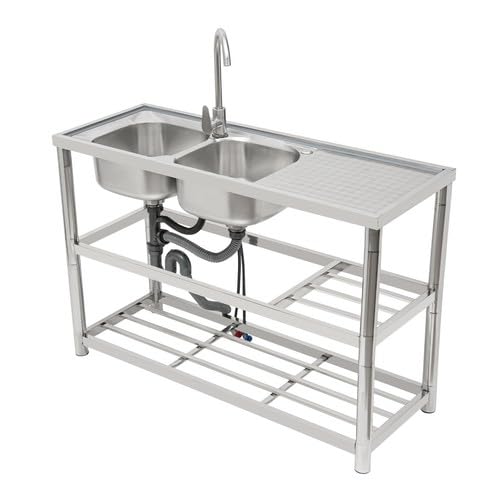 Edelstahl Spültisch Freistehende Küchenspüle 2 Becken 3 Ebenen Spülbecken Gastro Spüle mit Kalt und Warm Wasserhahn, Gewerbliche Edelstahlspüle für Restaurant Inkl. Zubehör 120x45x80 cm