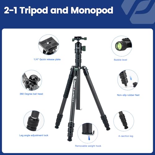 Image of Fotopro 73 inch /185cm Carbon Fiber Travel Tripod for Camera, 360 Panorama Ball Head, Arca Quick Release Plate and Bag, Detachable Monopod for DSLR Camera Camcorder, Load up to 22lbs /10kg. X-Go Plus Green