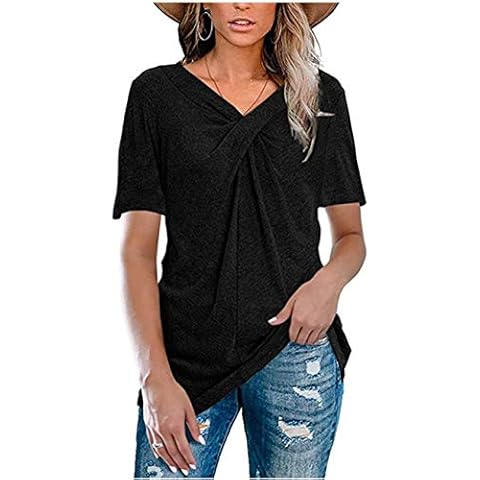 Womens Plus Size Short Sleeve A-Line Flowy Tunic Tops Lace Trim Shirt Blouse, V-black, M Cover