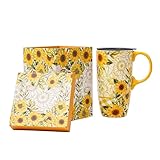 Topadorn Ceramic Coffee Travel Mug with Lid and Handle, Reusable 17 Oz Large Porcelain Latte Teacup with Color Box, Splash Resistant Lid - To Go Tumbler for Car Cup Holder, Sunflower