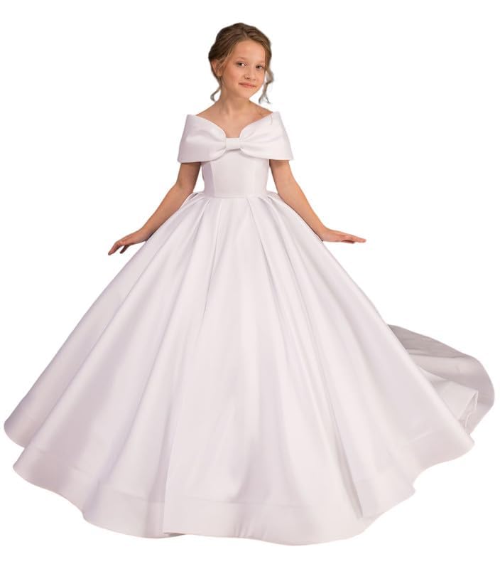 Satin Flower Girl Dresses for Wedding Off Shoulder First Communion Dress for Girls Pageant Dress Ball Gowns with Bow TJ10