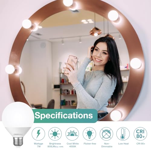 Image of DEGNJU LED Vanity Light Bulbs, 60W Equivalent, Bathroom Light Bulbs 4000K Cool White, 800 Lumens, G25 Globe Bulb for Makeup Mirror, Round Shape, 7W, 120V, Non-Dimmable, 10 Pack
