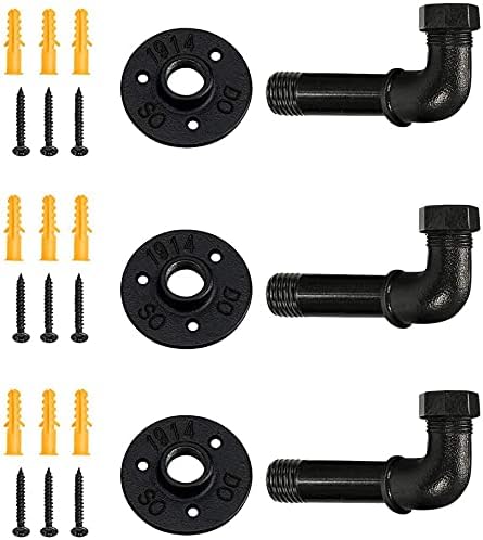 Sunmall Industrial Pipe Coat Hook Racks, Rustic Heavy Duty Wall Hooks for Hanging Clothes, DIY Black Towel Hook, Vintage Towel Holders for Bathrooms, Set of 3