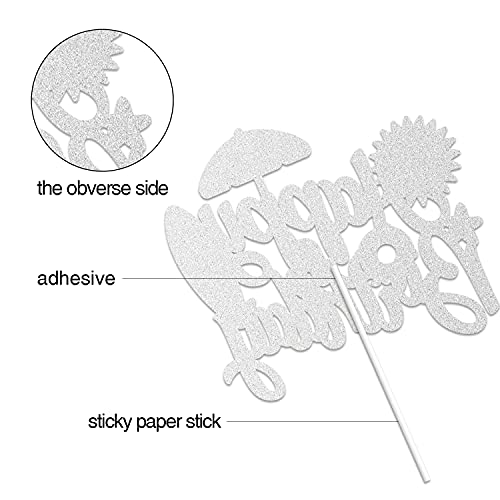 Summer Beach Happy Birthday Cake Topper Blue Glitter Summer Pool Swimming Surfing Party Decoration Summer Holiday Birthday Party Favor Supplies #TOP2