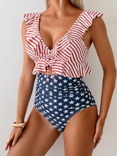Image of Eomenie One Piece Swimsuit for Women Tummy Control Ruffle Bathing Suit V Neck Ruched Swim Suit Slimming Cutout Swimwear