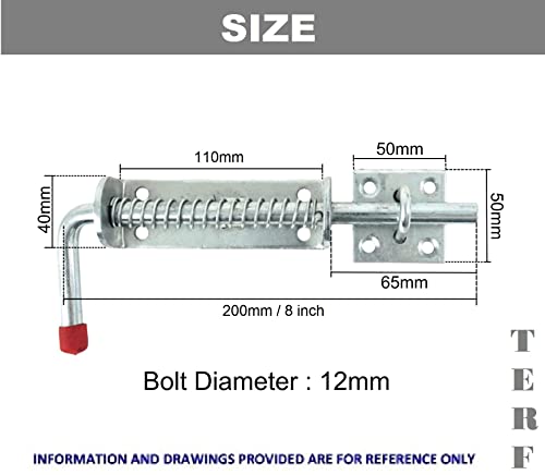 TERF® Heavy Duty Spring Loaded Bolt 200mm (8 inch) with Fixing Screw Silver Use for Barrel Bolt Lock Spring Pin Loaded Locking Latch Equestrian Bolt Gate Trailer Garage - Image 3