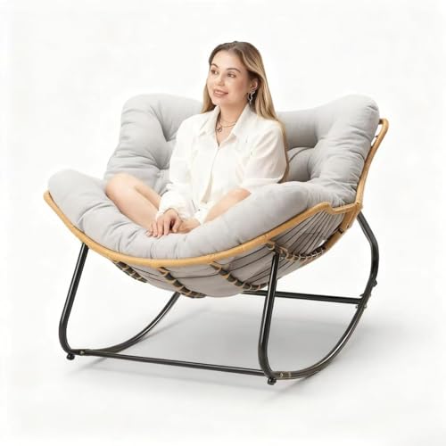 Mecedoras de exterior extragrandes con forma de huevo para adultos con cojín grueso, marco metálico, para patio y jardín, cómodas, modernas, sillas de salón adecuadas para uso en interiores y