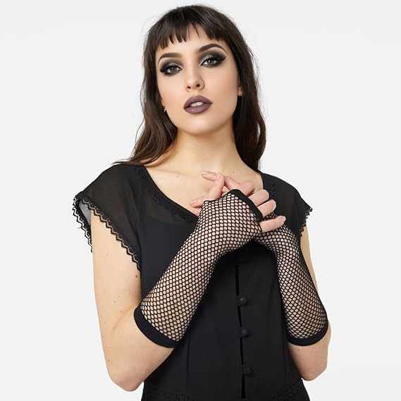 ALUNME Black Feather Satin Opera Evening Wedding Women's Gloves (fishnet gloves, onesize) - Image 4