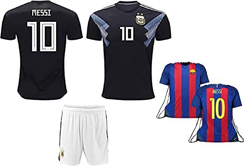 Rhinox CABB Messi #10 Argentina Away Kids Soccer Jersey Short Sleeve Kit with Shorts All Youth Sizes (YS 6-8 Years, Away SS + Drawstring Backpack)