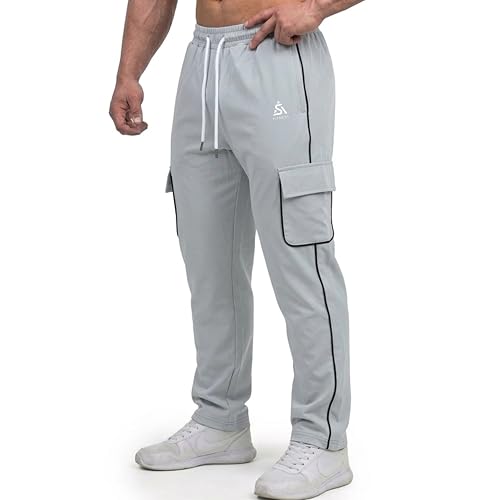 Image of Men's Cargo Track Pants with Side Piping, Drawstring Waist, Gym and Casual Wear