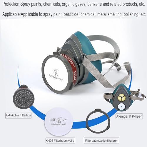 Halb Gesicht Staubmaske Set Filter für Dämpfe, Sand, Asbest, Gas, Säure und Ammoniak mit Schutzbrille, Partikelschutzfiltern Lackierer Masken und mehr mit 10 Filtrierbare Wattepads 1 Patronen