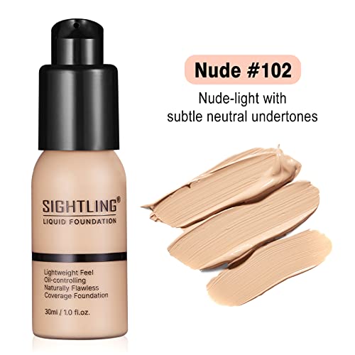 Sightling Foundation Makeup Set, Sightling 30Ml Foundation Liquid Full Coverage 24Hr Matte Oil Control Concealer (102 Nude) With Face Primer, Foundation Brush, Makeup Sponges #TOP1
