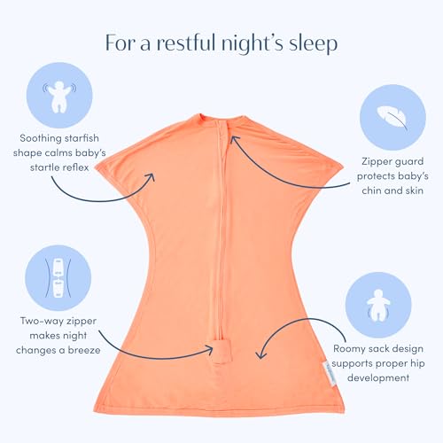 Image of SleepingBaby Bamboo Zipadee-Zip Transition Swaddle - EverSoft Starfish Design Breathable Wearable Blanket with Two-Way Zipper, Small (4-8 months), Peach Fuzz