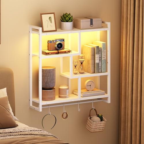 Image of HOOBRO Gaming Floating Shelves with LED Lights, 28.7 inch LED Wall Mounted Shelf, 4-Tier Floating Wall Shelf for Storage, Display Rack with Hanging Bar and 4 S Hooks, for Gaming Room, White WT37DBJ01