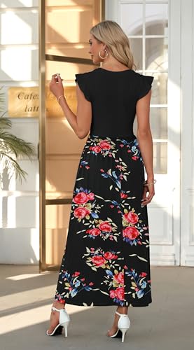 AUSELILY Damen Sommer Kurzarm Rundhalsausschnitt Lockeres Maxikleid Lässiges Hohe Taille Langes Kleid mit Taschen(Rose Schwarz,M) 4