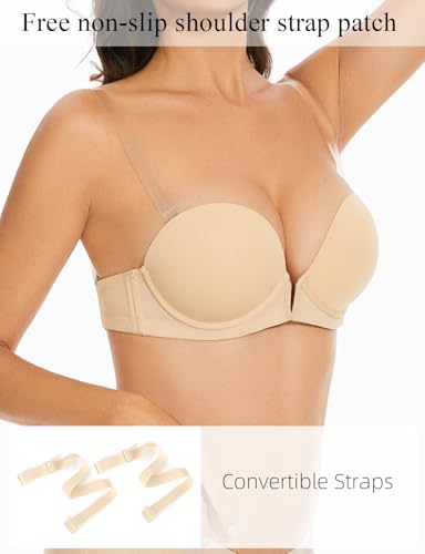 YBCG Women's Backless Bra with Clear Back Straps Plunge Convertible Push Up Padded Add A Cup Low Cut Underwire Bras for Women4