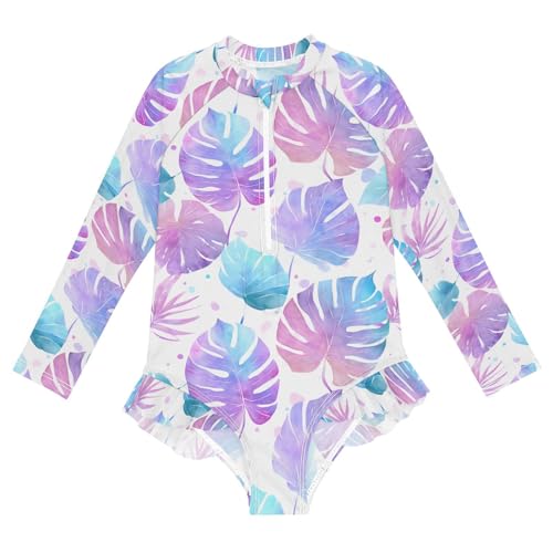 ALAZA Tropical Palm Leaf Dot Girls One Piece Swimsuit Long Sleeve Rash Guard Swimsuits UV 50+ Swimwear Zipper