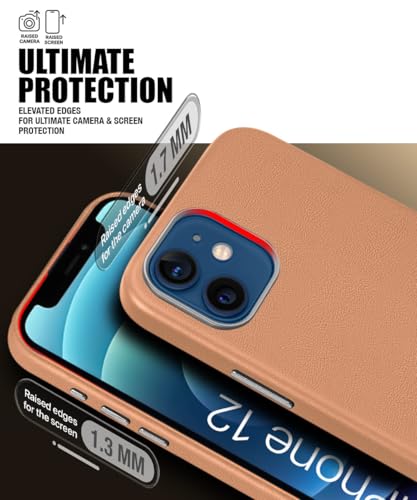 Image of WOW IMAGINE Back Cover for iPhone 12 | Shockproof Tough Leather Texture Hard Mobile Case | Ultra Slim Non-Slip Grip | Inner Velvet Fabric | Metal Camera Ring - Tan Brown