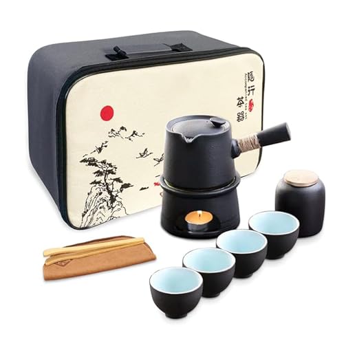 Scizorito Vintage Chinese Tea Set with Travel Bag, Kungfu Tea Set with 4 Tea Cups & Warmer, Gift for Mother'S Day, Birthday, Christmas, and Gatherings (Side Handle Black)