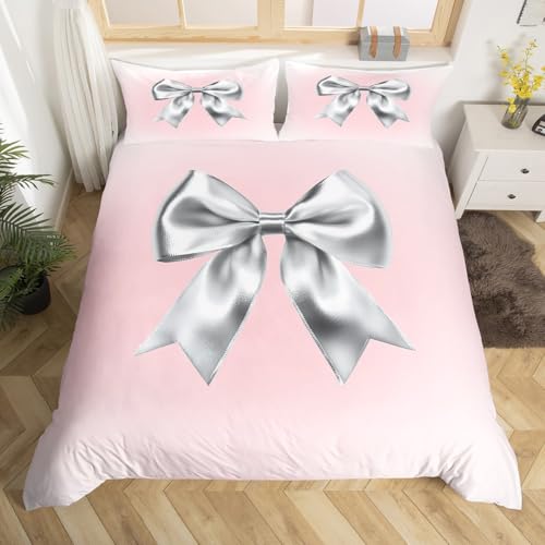 Loussiesd Schleife Bettwäsche Set 135x200cm Silberne Schleife Bettbezug Niedliche für Mädchen Kinder Betten Kawaii Prinzessin Verträumt Rosa Atmungsaktiv Bettwäsche-Set Kein Glitzern