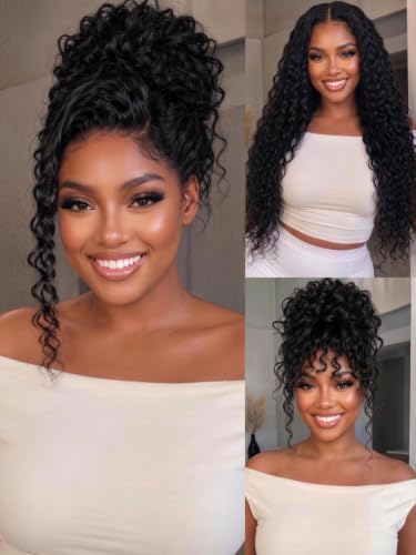 KLAIYI Water Wave Pre Cut 360 Full Lace Frontal Glueless Wig Human Hair Drawstring Pre Plucked Bleached Bye Bye Knots Pre Everything Ready to Wear And Go Curly Beginner Wig with Baby Hair 180% 26Inch