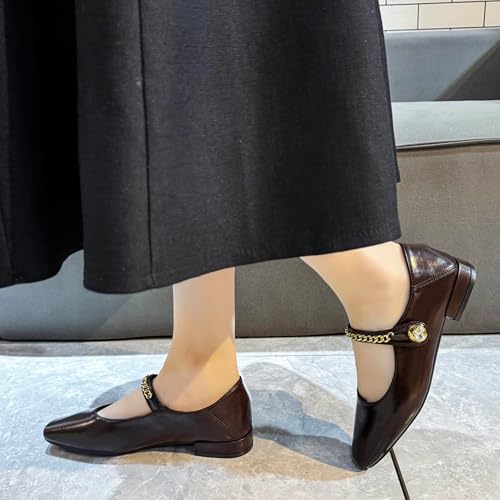 Women's Classic Mary Jane Flats, Black Leather with Gold Chain Strap, Pointed Toe4