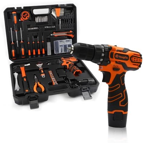 YOUGFIN - 12V Drill Tool Kit, Home Tool Set with Cordless Drill for Men, Power Drill Tool Box with 195 Pieces