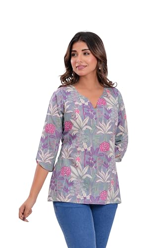 Image of MANHAREE Women's Cotton Floral Printed Short Kurti Top | V-Neck 3 /4 Sleeve Ethnic Tunic for Jeans | Casual Summer Wear Kurta for Women and Girls