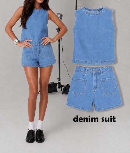 Image of Kedera Summer Denim Set for Women 2 piece Casual Sleeveless Boxy Shirt Tops and Shorts Pants Lounge Sets Outfits