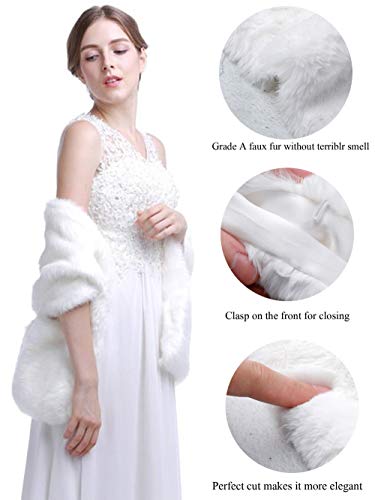 Aukmla Long Wedding Faux Fur Wraps and Shawls Wedding Bridal Stole for Brides and Bridesmaids (White)4