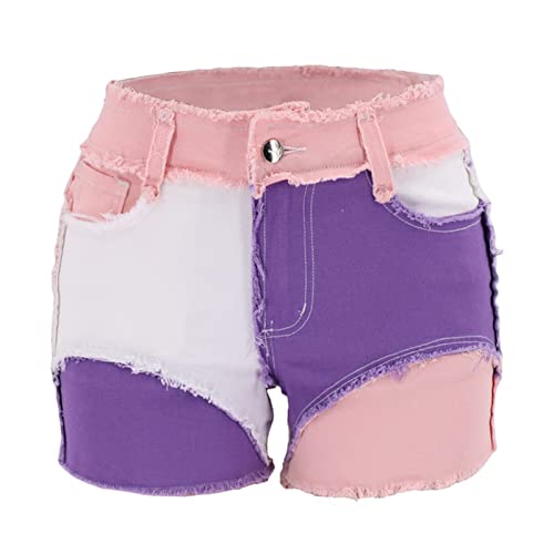 Womens Mid Rise Stretchy Patchwork Jeans Color Block Leg Raw Hem Denim Shorts Raw Frayed Casual Denim Shorts (Small,Purple)