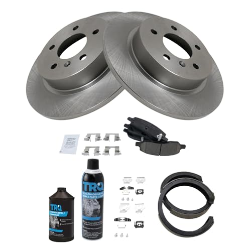 Image of TRQ Rear Brake Pad & Rotor Kit, with Chemical Kit Parking Brake Shoe Set Ceramic Compatible with 2006-2010 Cadillac DTS