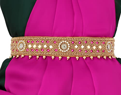 Traditional Gold Fabric Embroidery Cloth Pink Stone Maggam Work Saree Waist Belt Stretchable Kamarpatta Kamarbandni Kardhani For Women (kardhani Belt For Saree)