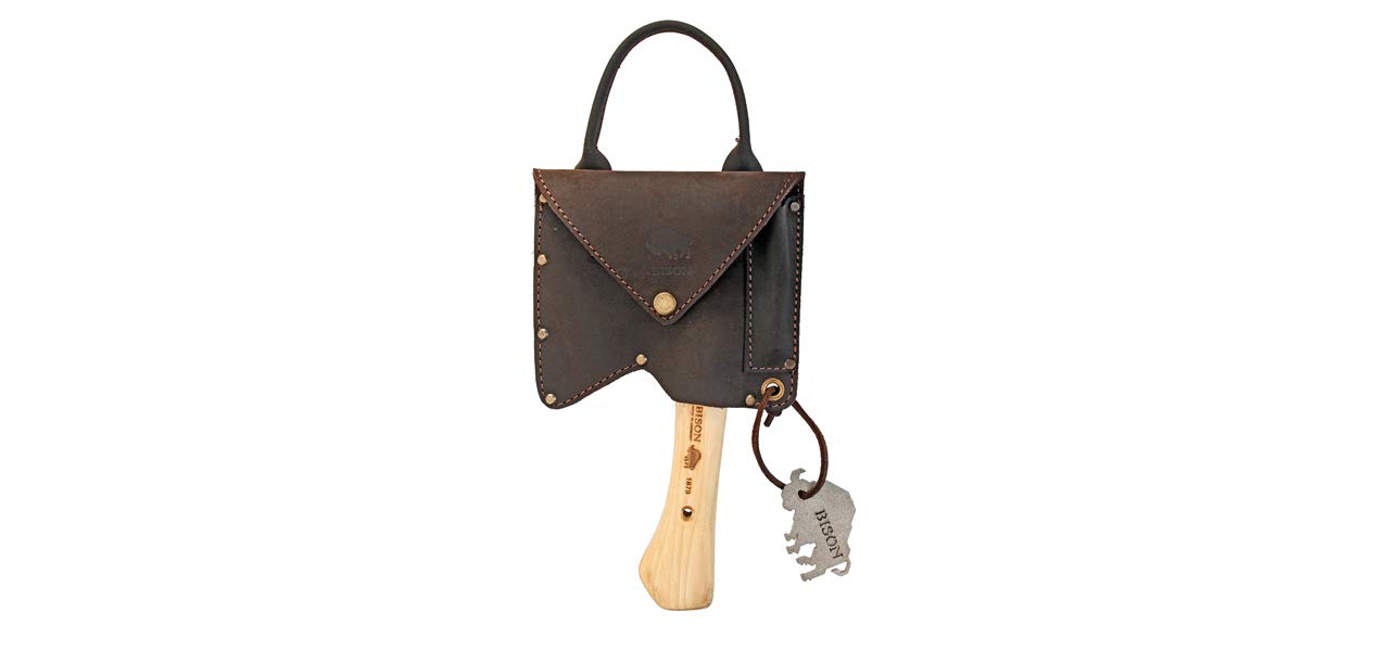 Bison Trekkingbeil Set 550g I Kleines Outdoor Beil mit kurzer Stiellänge 250mm I Beil mit 3-Fach Sicherheitsverkeilung mit Leder-Gürteltasche, Feuerstahl & Duo Schärfstein, Natur
