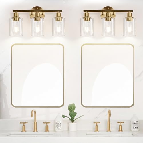 3-Light Bathroom Light Fixtures, Brushed Brass Bathroom Wall Lights with Clear Glass Shade, Modern Bathroom Wall Lamp for Mirror Kitchen Living Room Hallway Cabinet