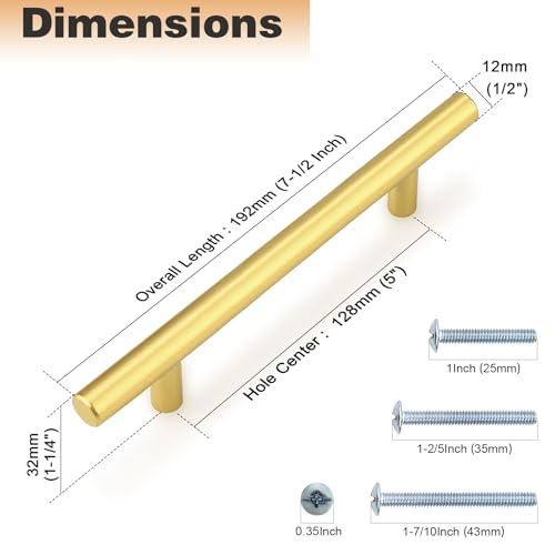 Image of Probrico 10 Pack 5 Inch Center-to-Center Kitchen Cabinet Pulls T Bar Gold Cabinet Handles Modern Drawer Hardware Dresser Pulls, 7-1 /2 inch Total Length